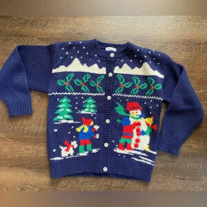 WINDCREST holiday cardigan sweater Snowman Christmas cottage wool acrylic M EUC